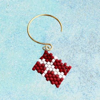 Håndlavede, unikke smykker med delicaperler, øreringe med sten og perler. Forgyldt sølv og guldbelagte perler. Brick stitch syning, harlekin mønster